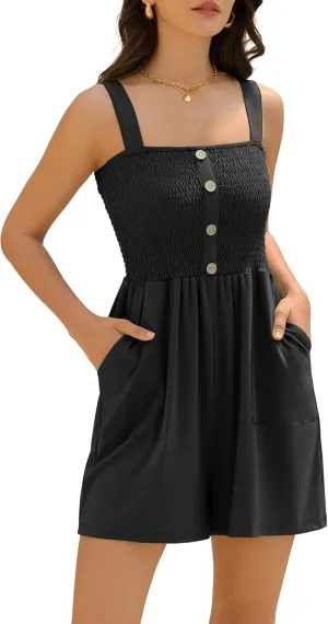 ZAFUL Womens Casual Short Jumpsuits Smocked Rompers Sleeveless Faux Button Vacation Outfits for Women 2025