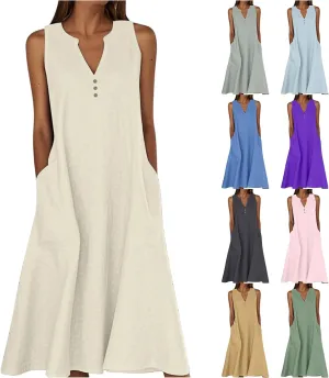 ZDRZK Summer Dresses for Women 2025 Casual Sleeveless Cotton Linen Sundresses Flowy Beach Vacation Dress with Pockets