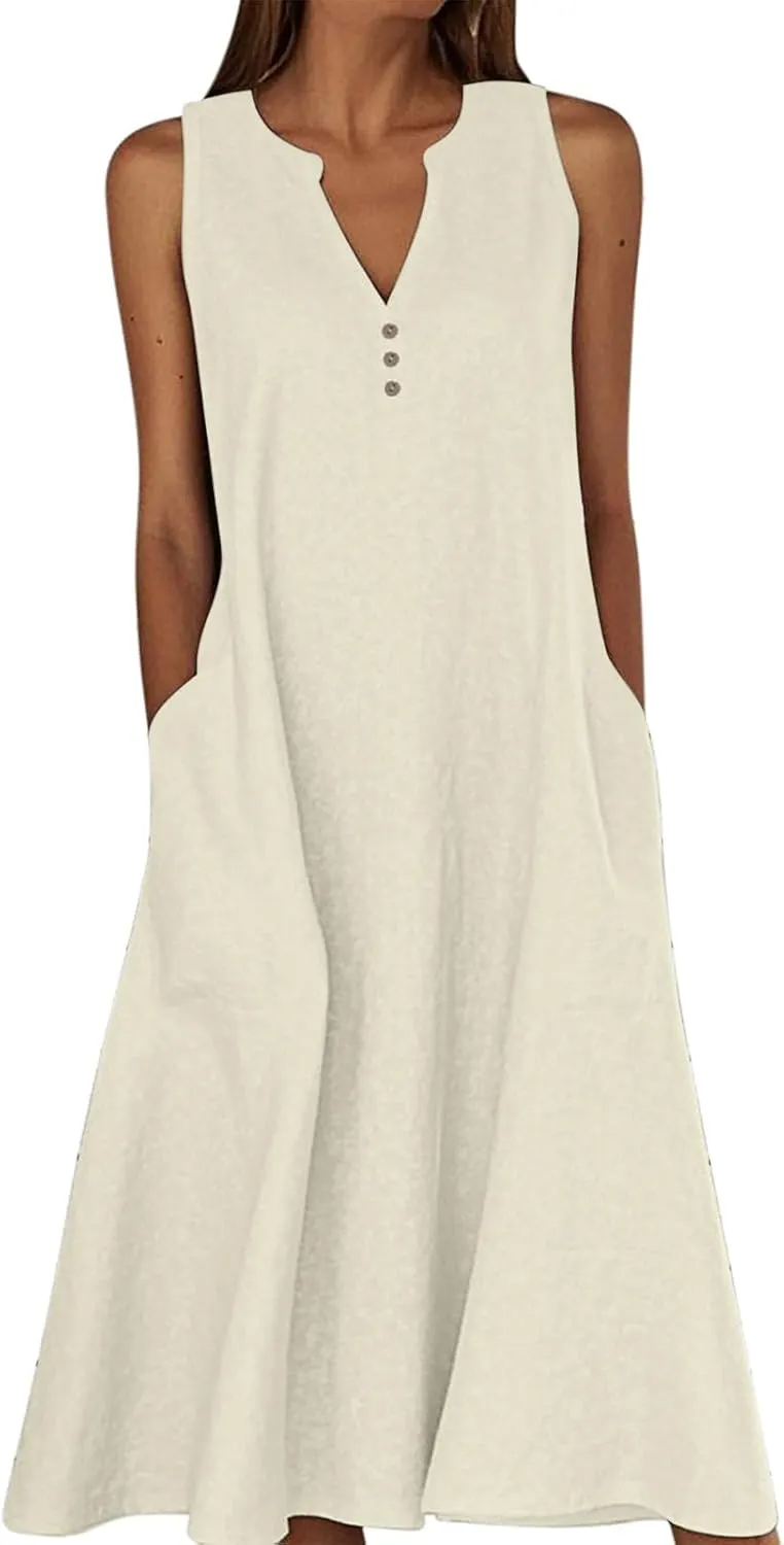 ZDRZK Summer Dresses for Women 2025 Casual Sleeveless Cotton Linen Sundresses Flowy Beach Vacation Dress with Pockets
