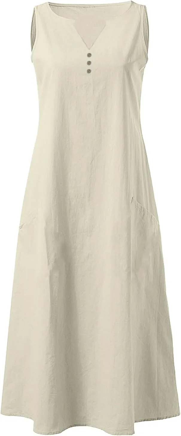 ZDRZK Summer Dresses for Women 2025 Casual Sleeveless Cotton Linen Sundresses Flowy Beach Vacation Dress with Pockets
