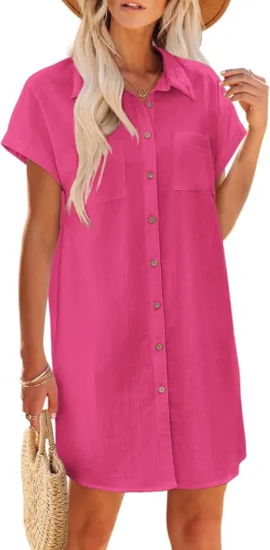 Zeaoo Dresses for Women 2025 Short Sleeve Summer V-Neck Solid Tshirt Dress A-Line Mini Dress Cotton Linen Shift Sundress,Rose Red,M