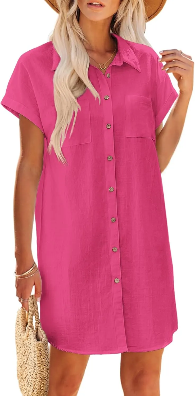 Zeaoo Dresses for Women 2025 Short Sleeve Summer V-Neck Solid Tshirt Dress A-Line Mini Dress Cotton Linen Shift Sundress,Rose Red,M