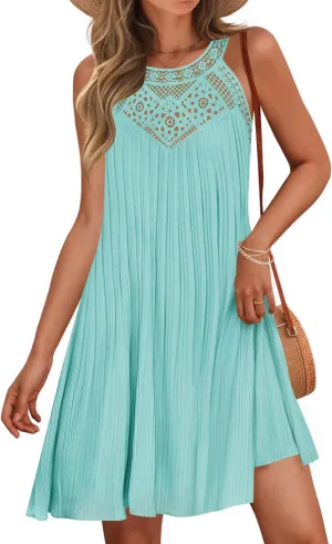 ZESICA Women's 2025 Summer Halter Chiffon Mini Dresses Sleeveless Hollow Out A Line Flowy Ruffle Beach Vacation Sundress