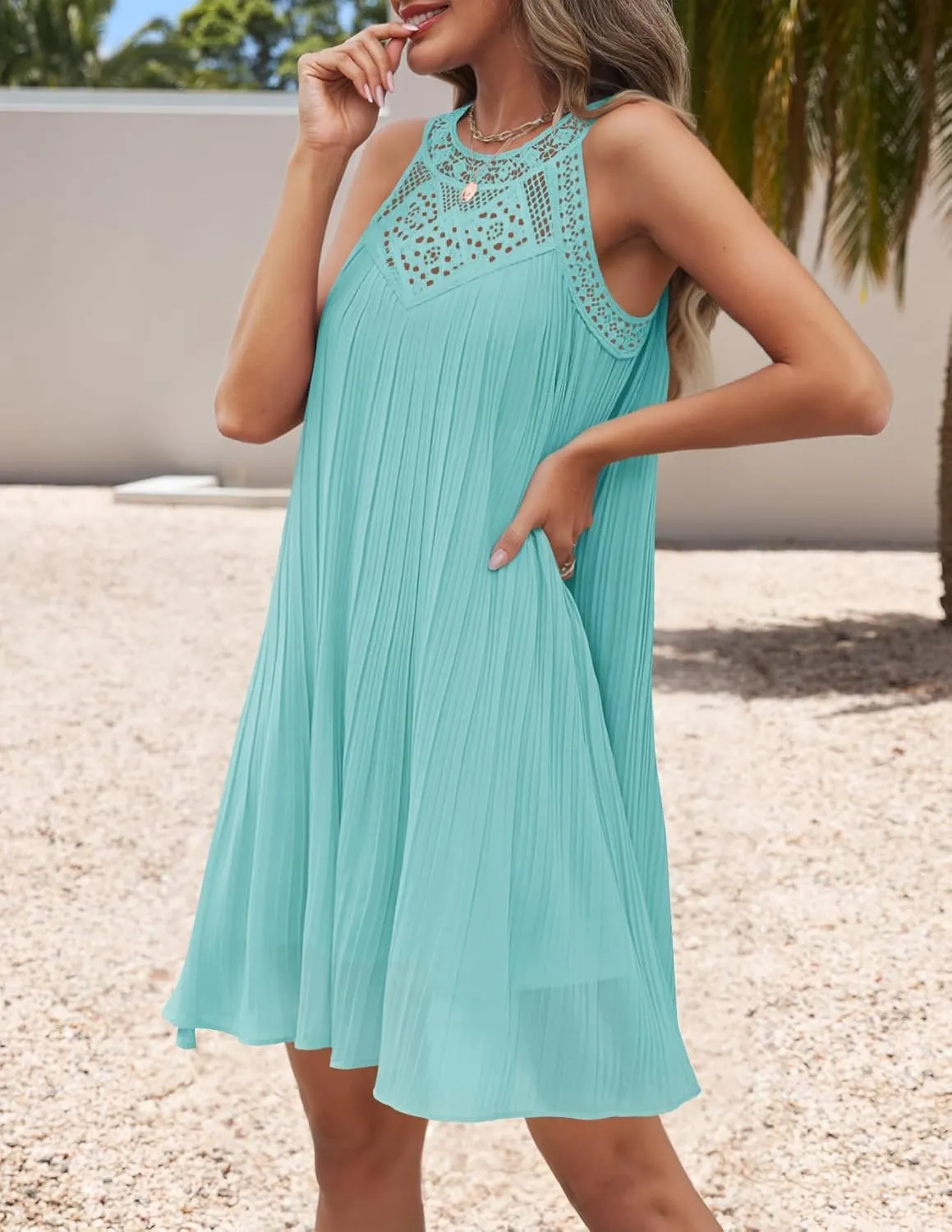 ZESICA Women's 2025 Summer Halter Chiffon Mini Dresses Sleeveless Hollow Out A Line Flowy Ruffle Beach Vacation Sundress