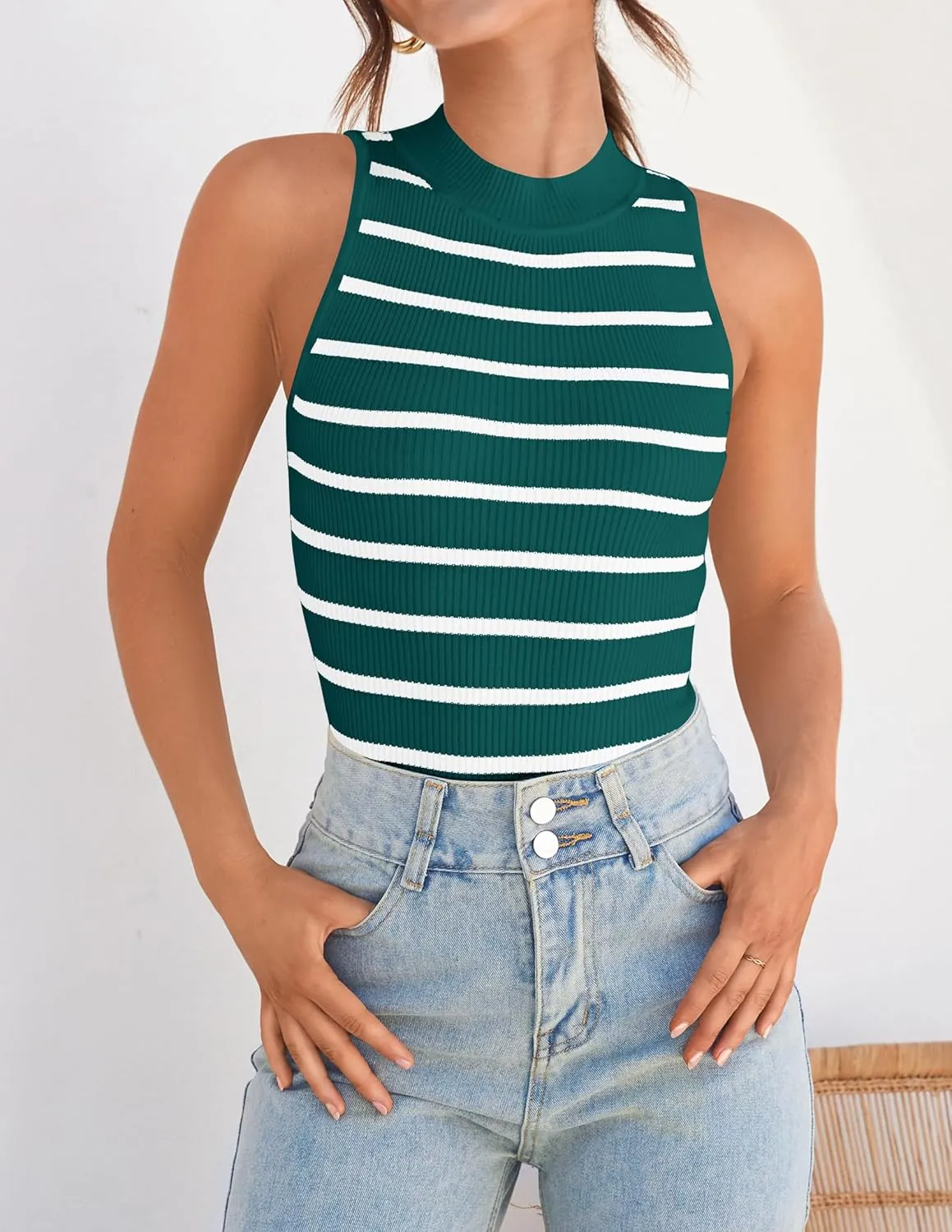 ZESICA Womens Ribbed Tank Tops High Neck Slim Fitted Striped Basic Casual Summer Sleeveless Shirts