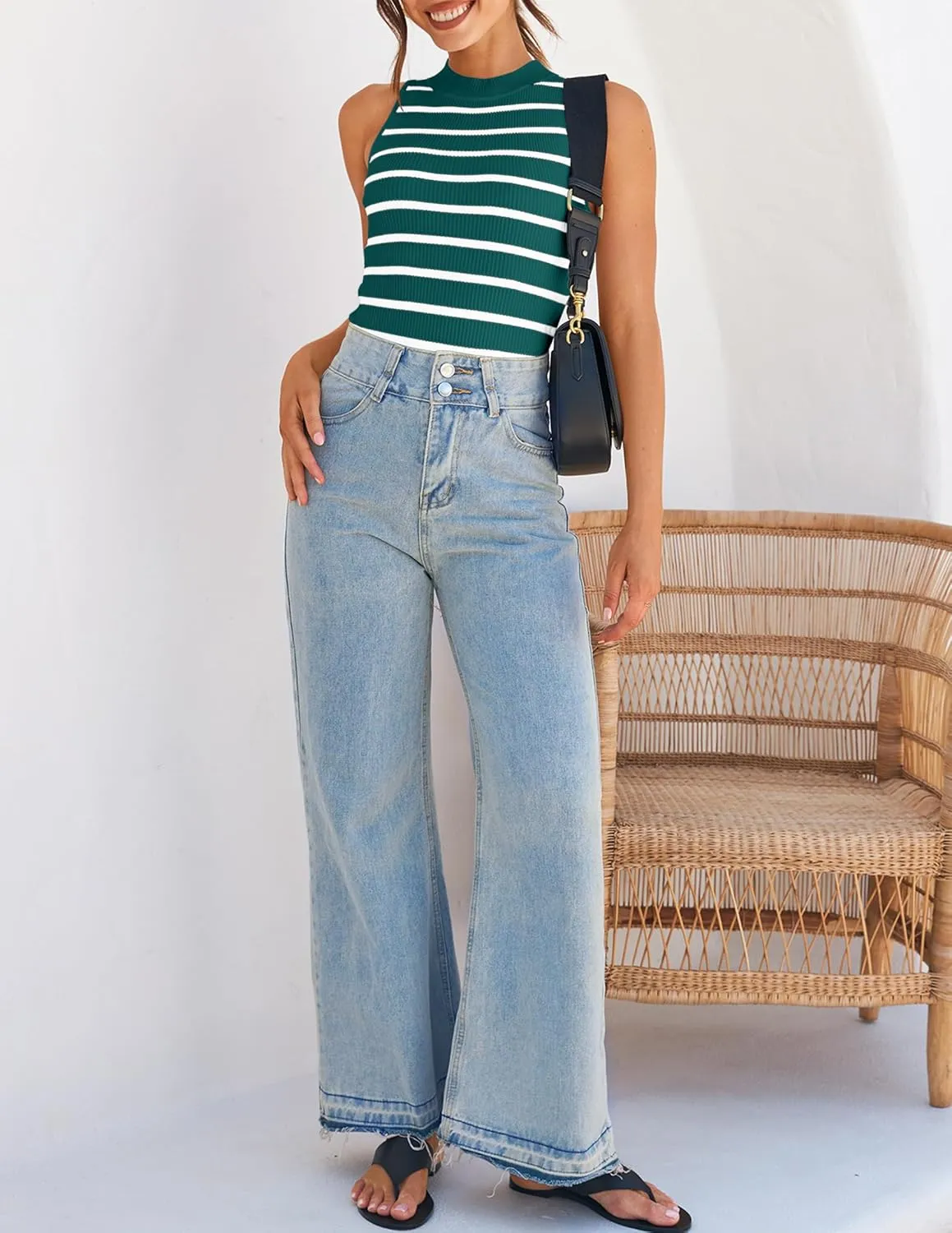 ZESICA Womens Ribbed Tank Tops High Neck Slim Fitted Striped Basic Casual Summer Sleeveless Shirts