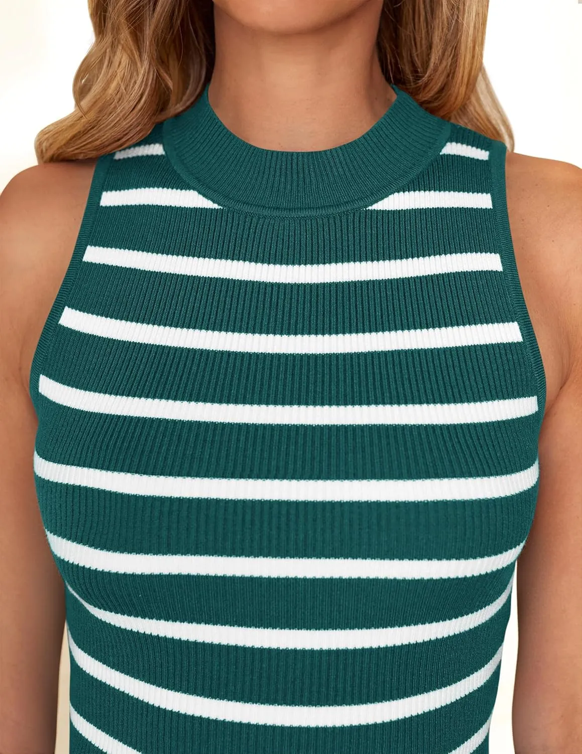 ZESICA Womens Ribbed Tank Tops High Neck Slim Fitted Striped Basic Casual Summer Sleeveless Shirts