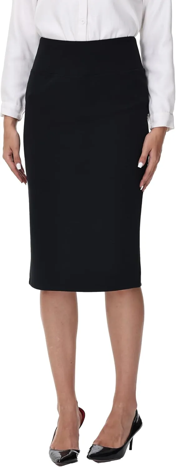 ZTN Skirts for Women Stretch High Waist Pencil Skirt Bodycon Business Skirt with Back Slit Below Knee