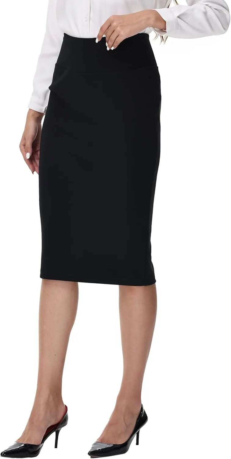 ZTN Skirts for Women Stretch High Waist Pencil Skirt Bodycon Business Skirt with Back Slit Below Knee