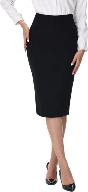 ZTN Skirts for Women Stretch High Waist Pencil Skirt Bodycon Business Skirt with Back Slit Below Knee